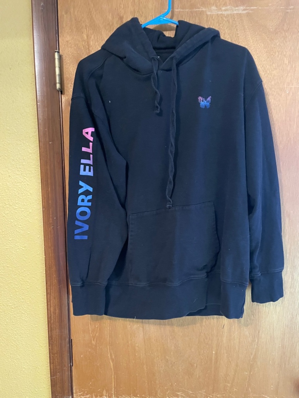 Ivory Ella Black Hoodie with Pink & Blue Logo Sleeve